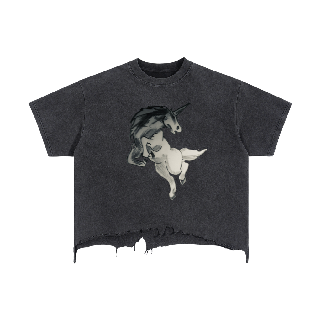 Unicorn Vintage Wash Boxy Distressed Hem T-Shirt